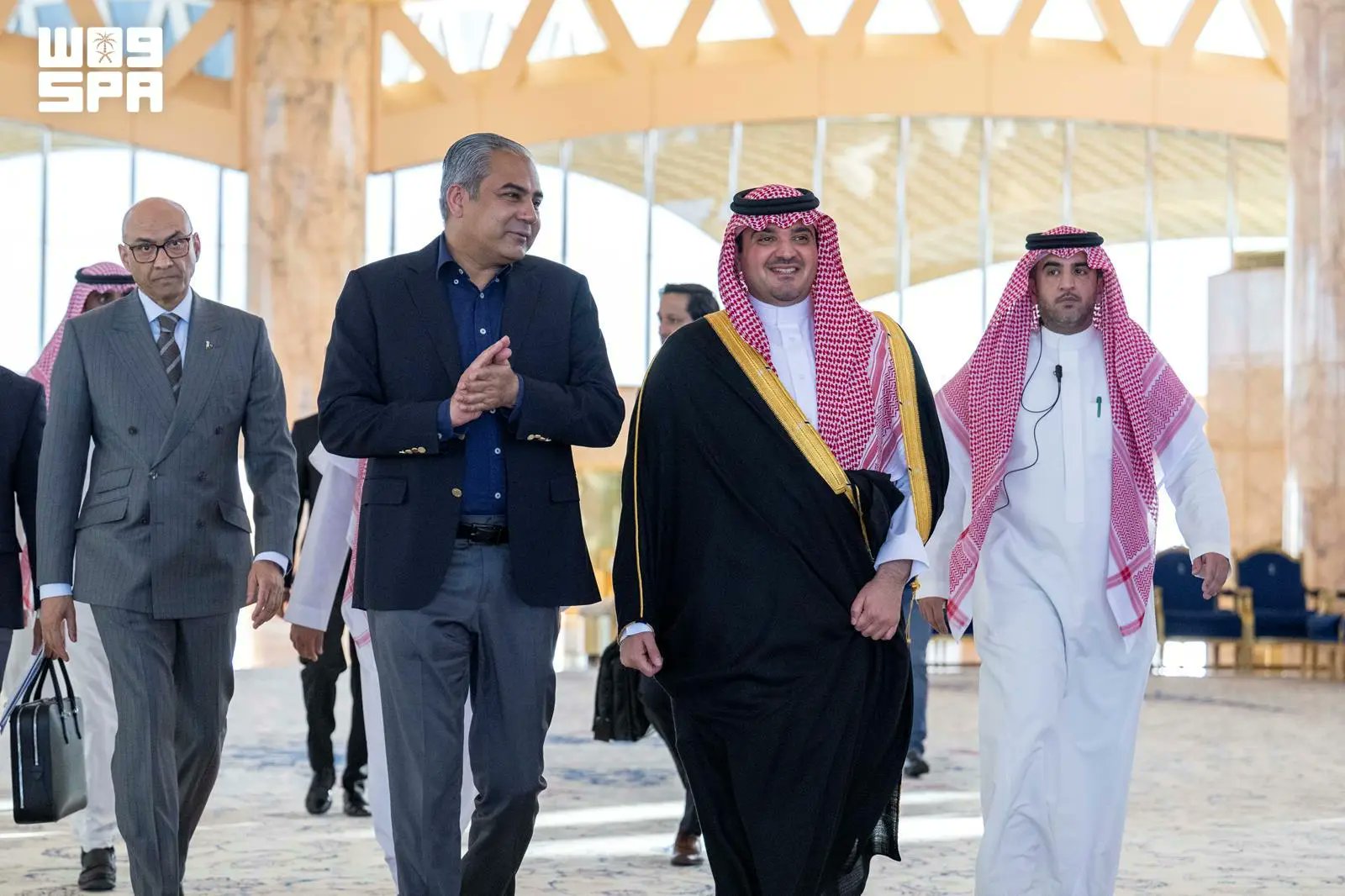 Pakistan’s Minister of Interior and Narcotics Control Mohsin Raza Naqvi is welcomed on arrival at King Khalid International Airport by Saudi Interior Minister Prince Abdulaziz bin Saud bin Naif bin Abdulaziz. (SPA)