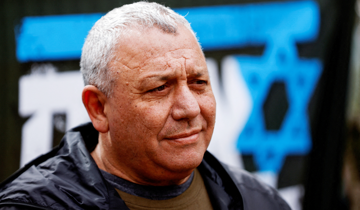 Knesset Member and former military chief Gadi Eisenkot attends a demonstration against proposed judicial reforms by Israel's new right-wing government in Shoresh near Jerusalem, February 9, 2023. (REUTERS)