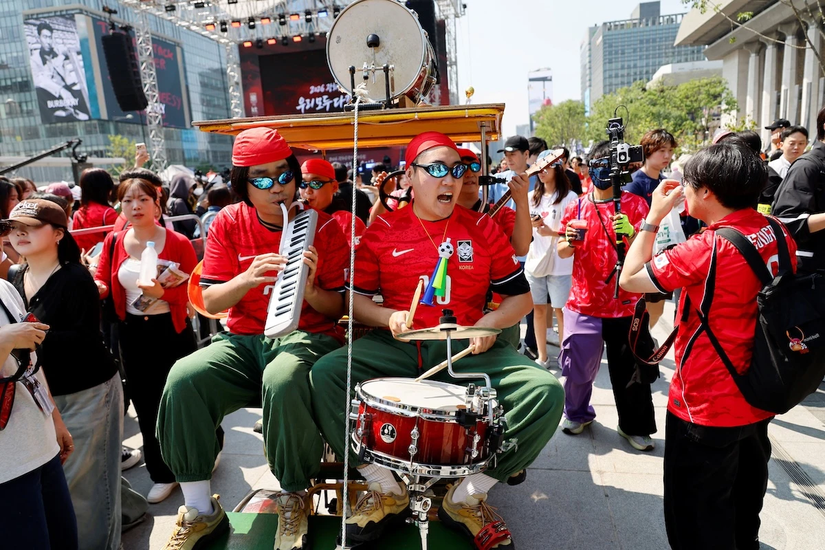 South Korean fans cheer at a public viewing event in Seoul on June 12, 2026. (Reuters)