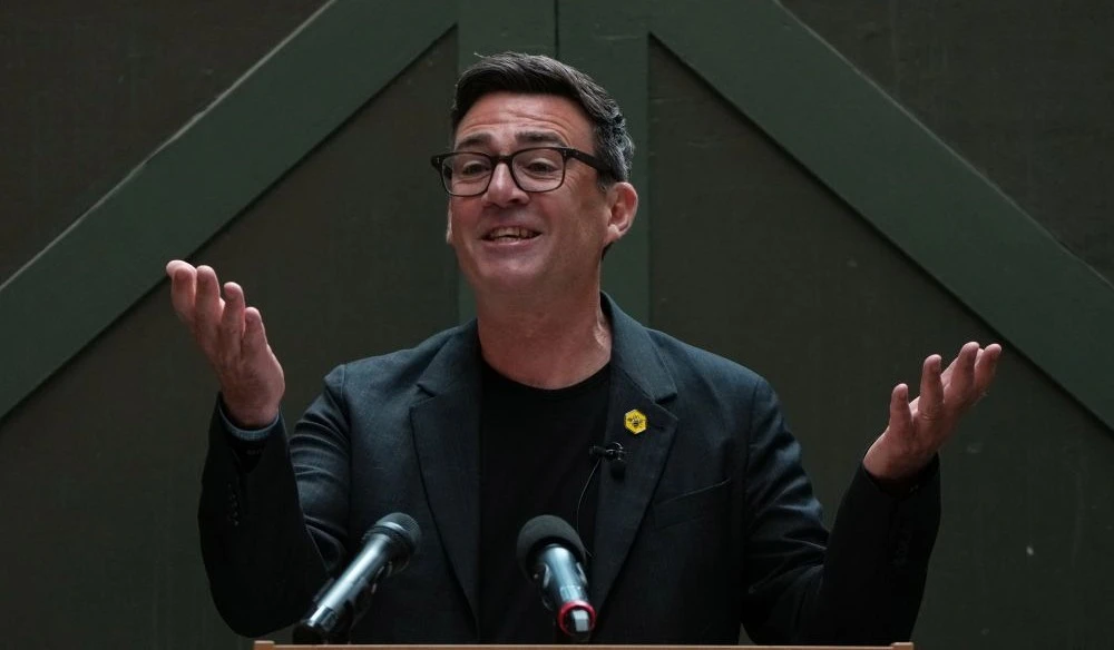 Andy Burnham delivers a speech at the People’s History Museum in Manchester, England, Monday, June 29, 2026. (AP Photo)