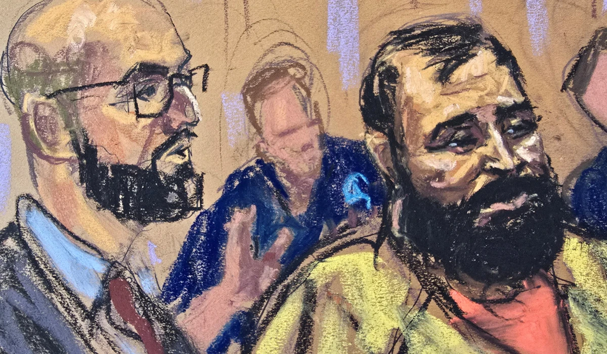 Mohammad Baqer Saad Dawood Al-Saadi, an Iraqi man accused of helping Iran-backed militia's plans for attacks in the US and Europe, stands with his defense attorney Andrew Dalack during his arraignment in Manhattan federal court in New York City, US, June 1, 2026 in a courtroom sketch. (REUTERS)