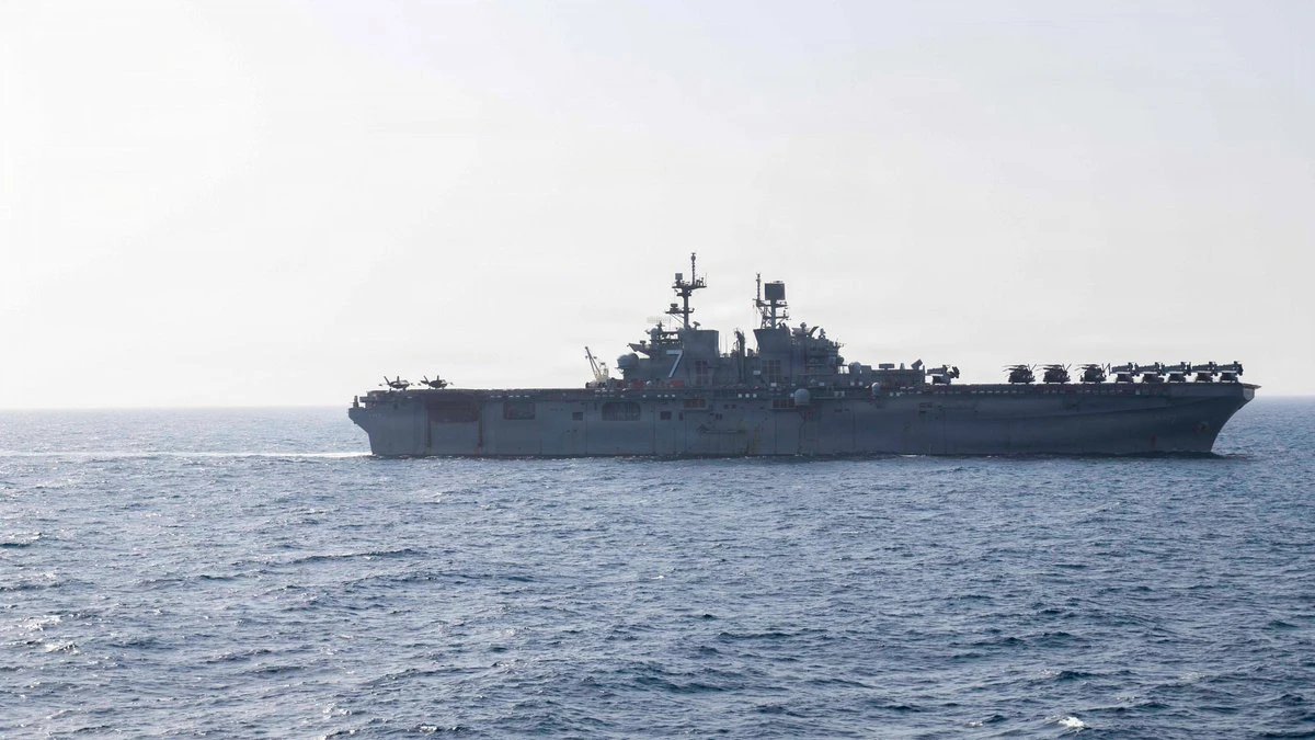 The USS Tripoli (LHA 7) transits the Arabian Sea as the amphibious assault ship supports the ongoing US blockade against Iran. (X: @CENTCOM)