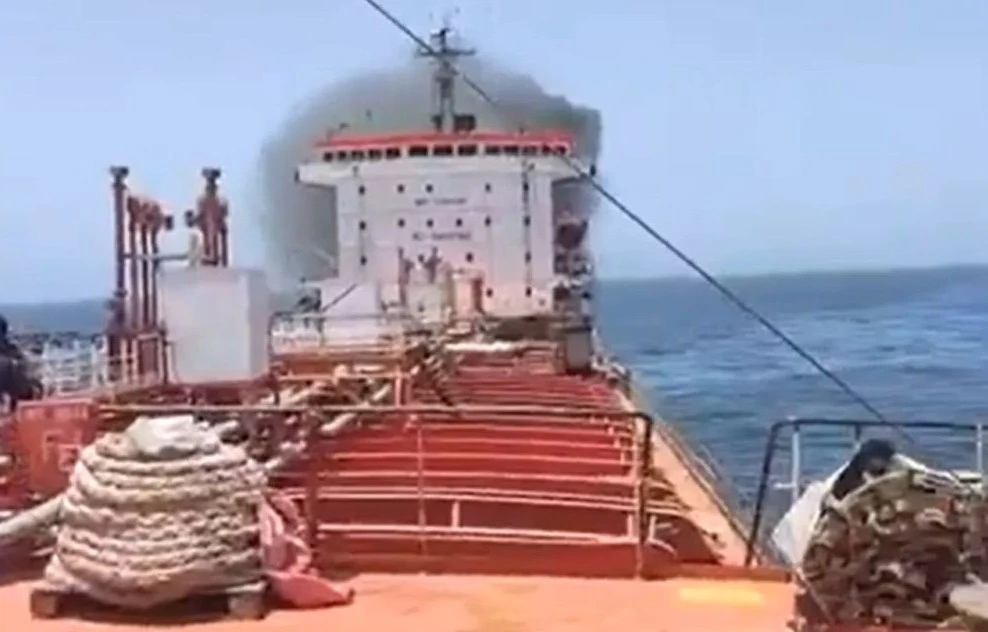 Indian navy helicopters airlifted 24 sailors off the MT Marivex, which is on fire off the coast of Oman. (Screengrab/Social Media)
