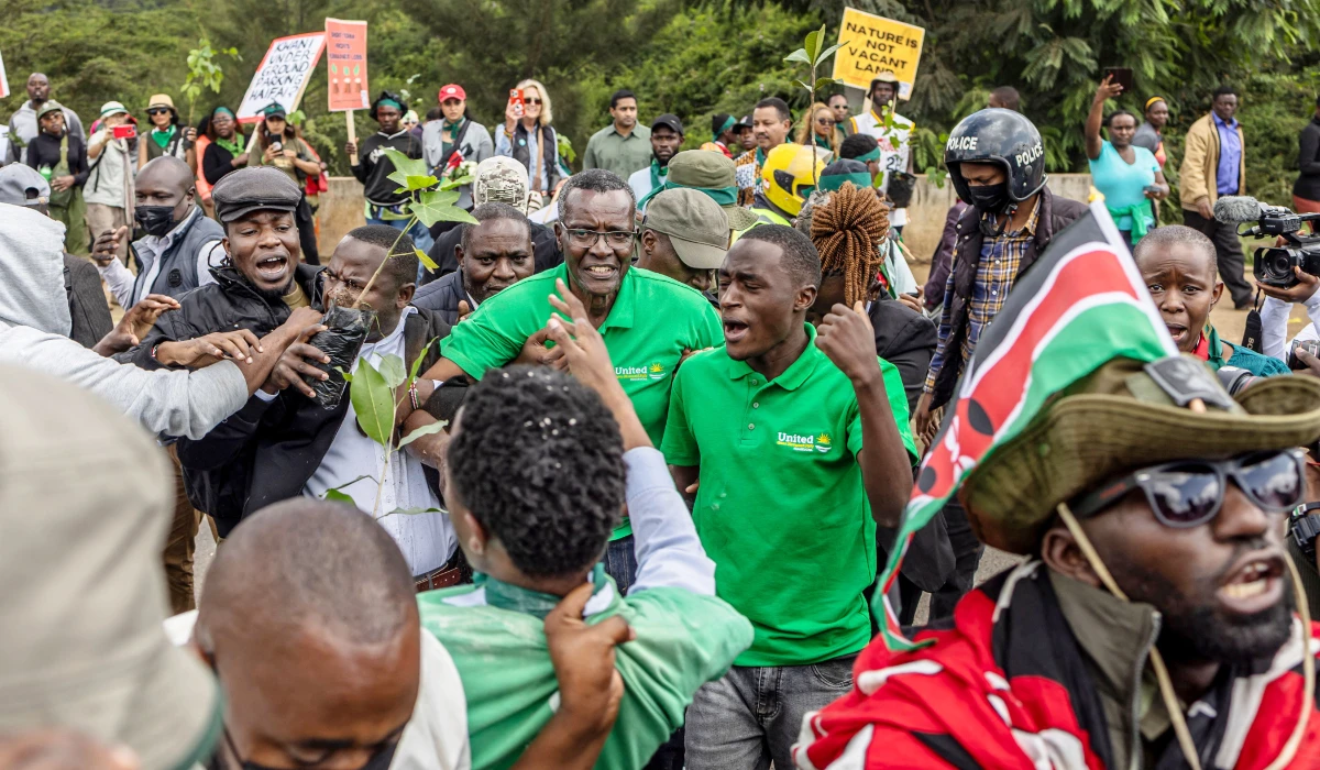 Environmentalists including Kenya's former Chief Justice and presidential contender, David Maraga (C), are detained by police in Nairobi on June 8, 2026. (AFP)