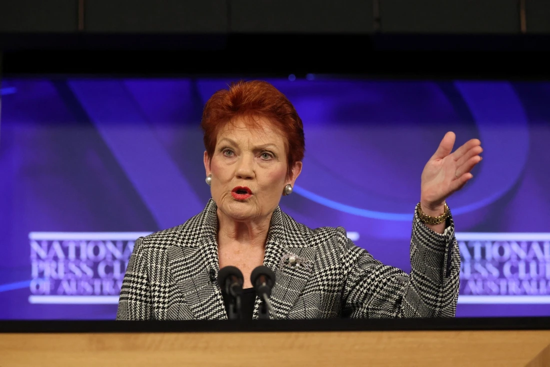 Australian Senator and One Nation leader Pauline Hanson reacts to a question from a journalist following her address at the National Press Club in Canberra, Australia. (Reuters)