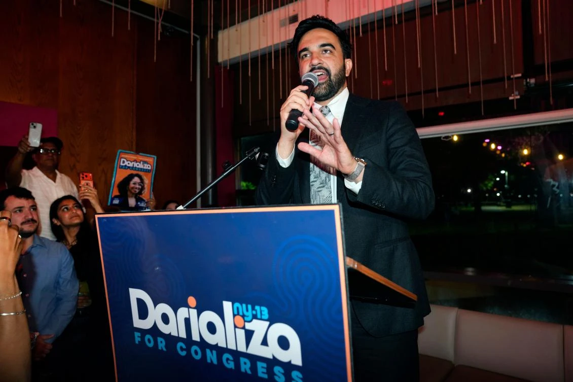 Above, New York City Mayor Zohran Mamdani speaks to supporters for Democratic congressional candidate Darializa Avila Chevalier during an election night watch party on June 23, 2026, in New York. (AP)