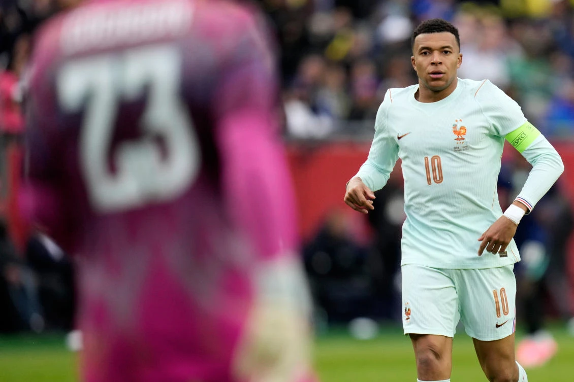 Kylian Mbappe of France runs during the international friendly soccer match between Brazil and France in Foxborough, Mar. 26, 2026. (AP)