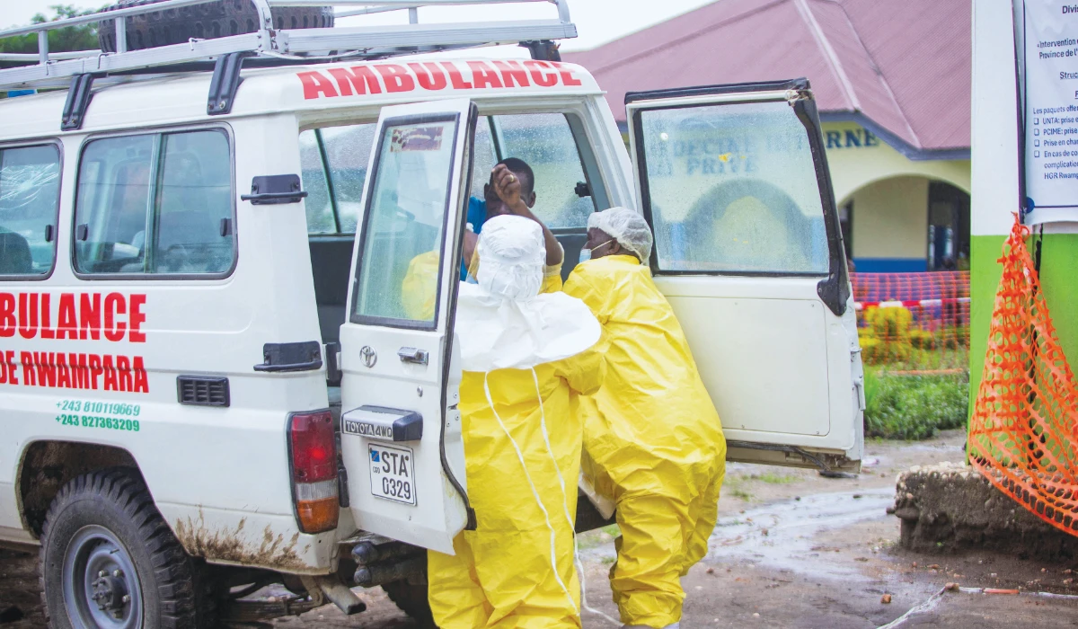 Congolese health workers receive a patient at the Rwampara General Hospital as authorities intensify efforts to contain the Ebola outbreak. (Reuters file photo)