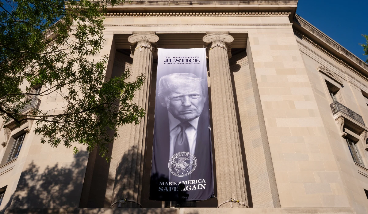 A giant portrait of President Donald Trump looks down from the Justice Department in Washington, June 2, 2026. (AP)