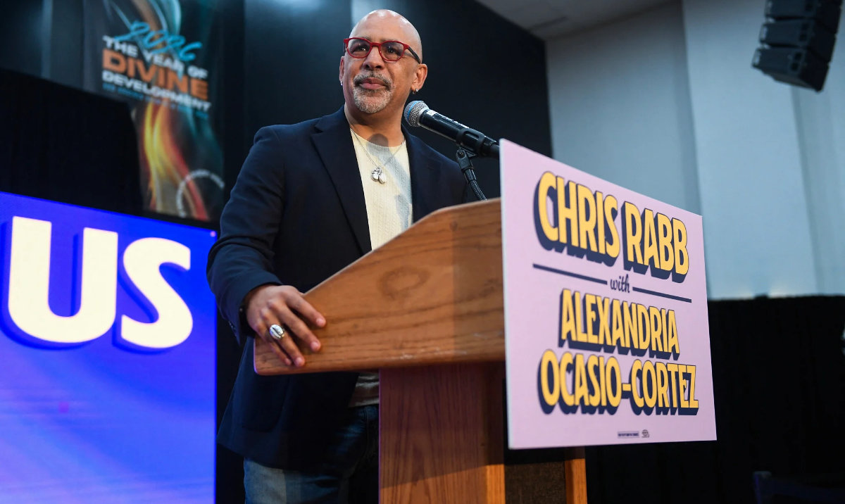 Pennsylvania State Rep. Chris Rabb takes the stage to deliver remarks during a rally in Philadelphia, Pennsylvania. (AFP)