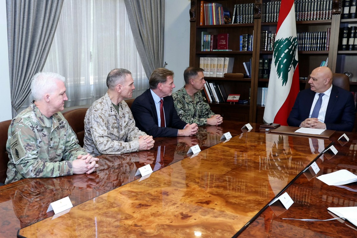 Lebanon's President Joseph Aoun (R) meeting with Admiral Brad Cooper (4th L), the commander of US Central Command (CENTCOM), at the presidential palace in Baabda on June 29, 2026. (File/AFP)