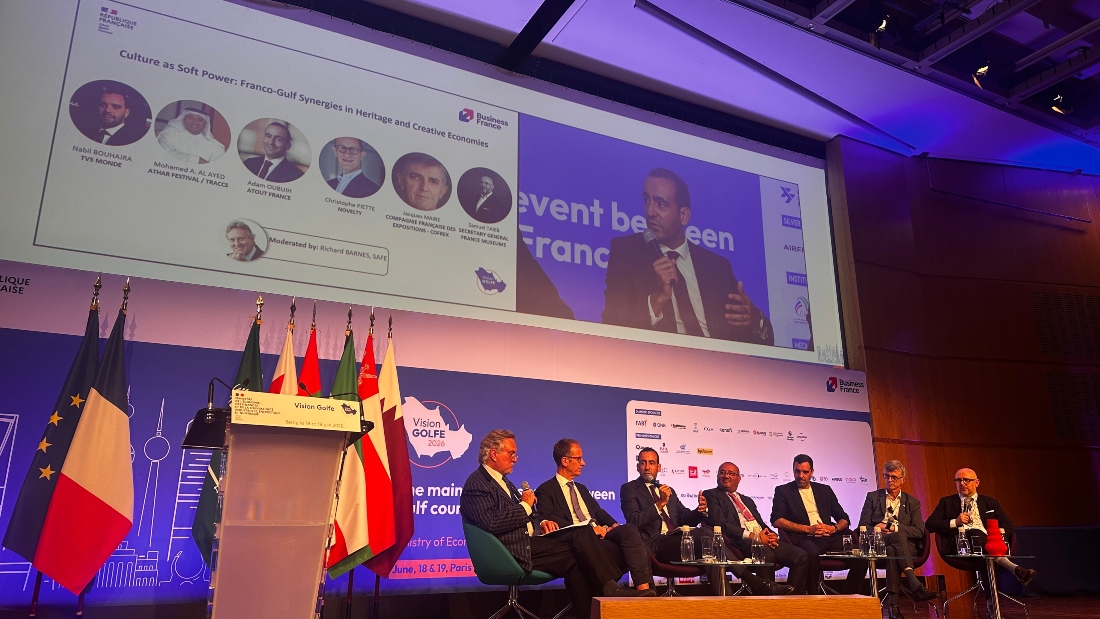 Mohamed Al Ayed, Vice Chairman of Athar and Founder and CEO of TRACCS, during the panel discussion "Culture as Soft Power: Franco-Gulf Synergies in Heritage and Creative Economies" at Vision Golfe 2026. (Photo: Arab News en Français)