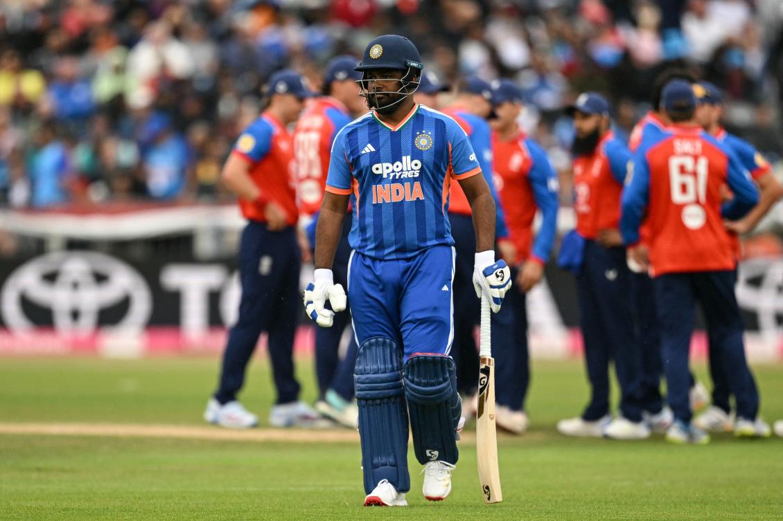 India’s Sanju Samson (C) walks off after being dismissed during their first Twenty20 (T20) international cricket match against England at the Riverside Ground in Chester-le-Street, north-east England on Jul. 1, 2026. (AFP)