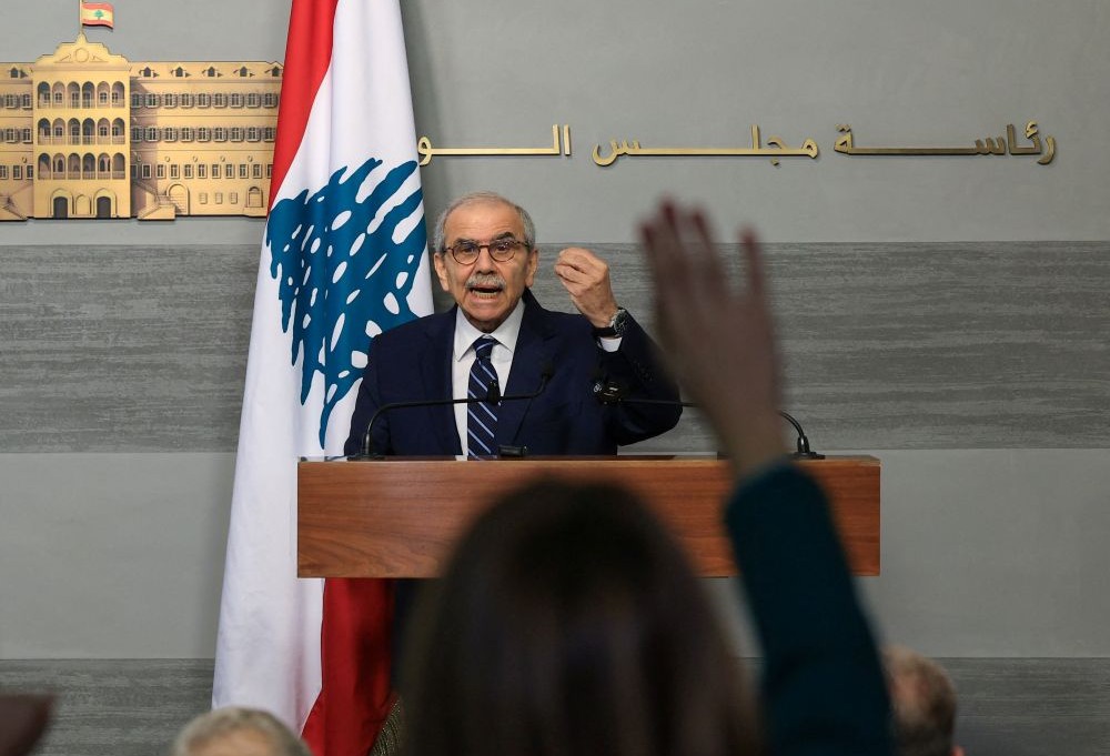 Lebanon’s Prime Minister Nawaf Salam speaks during a joint press conference with Syria’s Foreign Minister Asaad Hassan Al-Shaibani (not pictured) in Beirut, Lebanon, July 2, 2026. (Reuters)