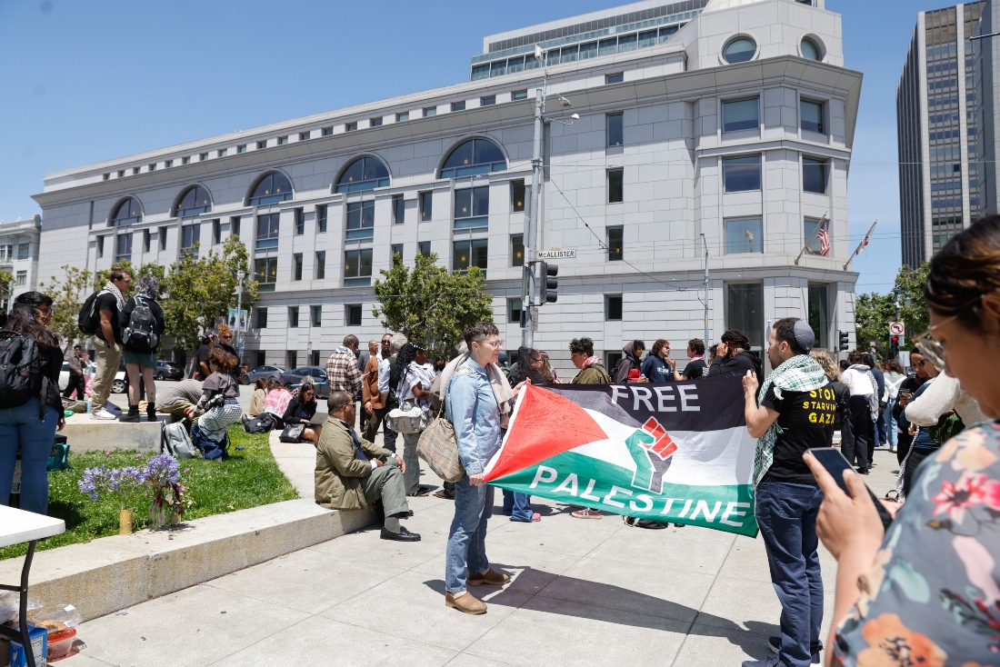 Defendants, attorneys and supporters gather outside the San Francisco Superior Court after the verdict in the trial for 2024 Golden Gate Bridge protesters demanding a cease-fire in Gaza, in San Francisco, US. (AP)