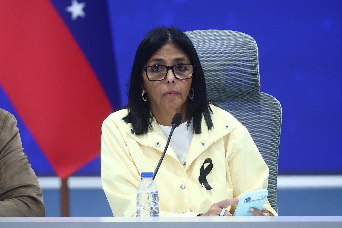 Venezuela's interim President Delcy Rodriguez looks on during a press conference at the Generalisimo Francisco de Miranda Air Base in Caracas, Venezuela. (AFP)