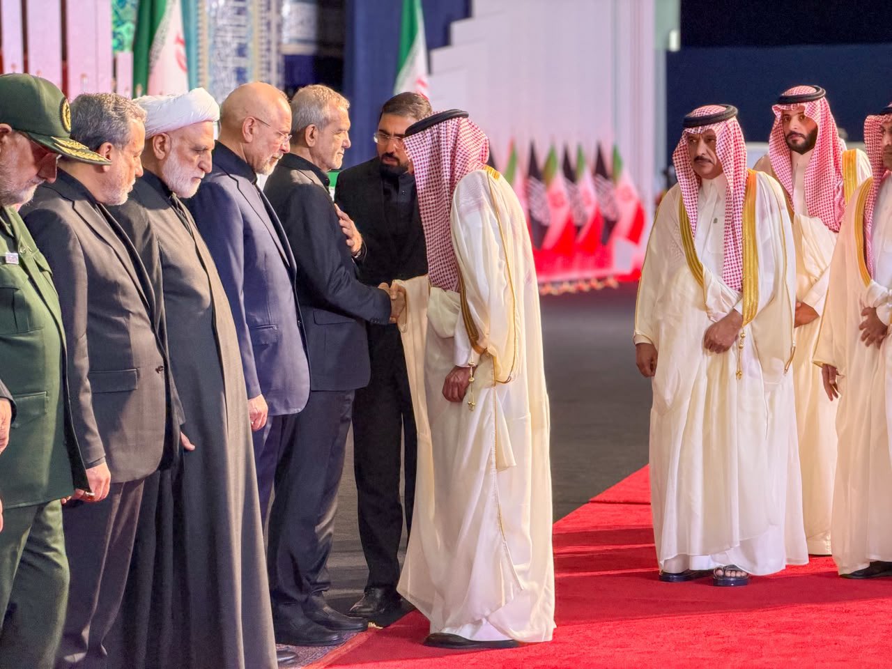 Saudi Arabia’s Deputy Foreign Minister Waleed Elkhereiji talks with Iranian President Masoud Pezeshkian. (Saudi Foreign Ministry)
