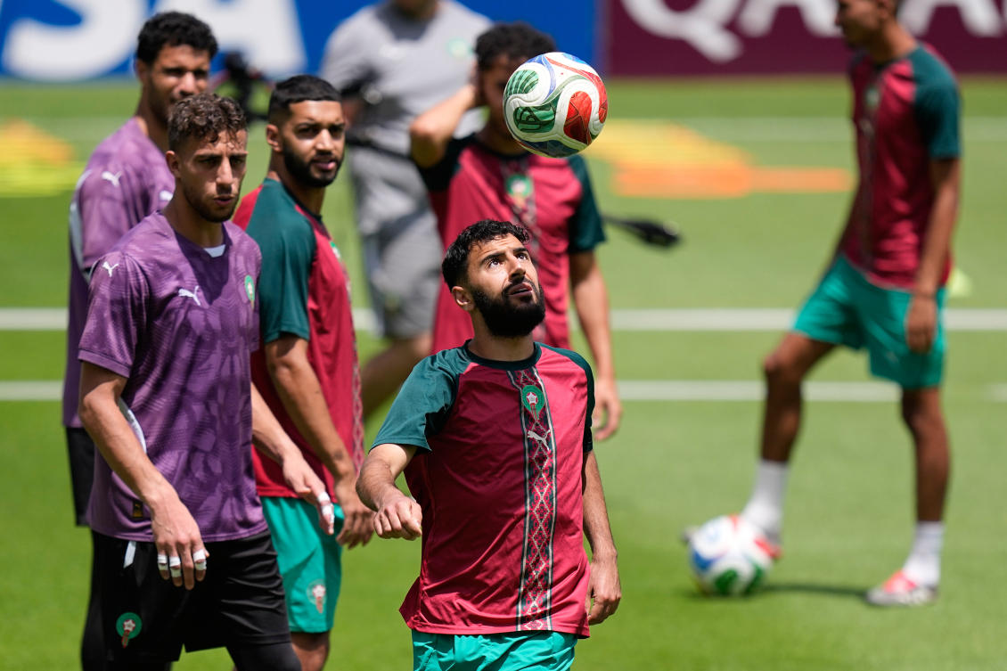 Morocco’s Amine Sbai, center, works out during a training session in Houston, Jul. 3, 2026, ahead of their round of 16 FIFA World Cup game against Canada. (AP)