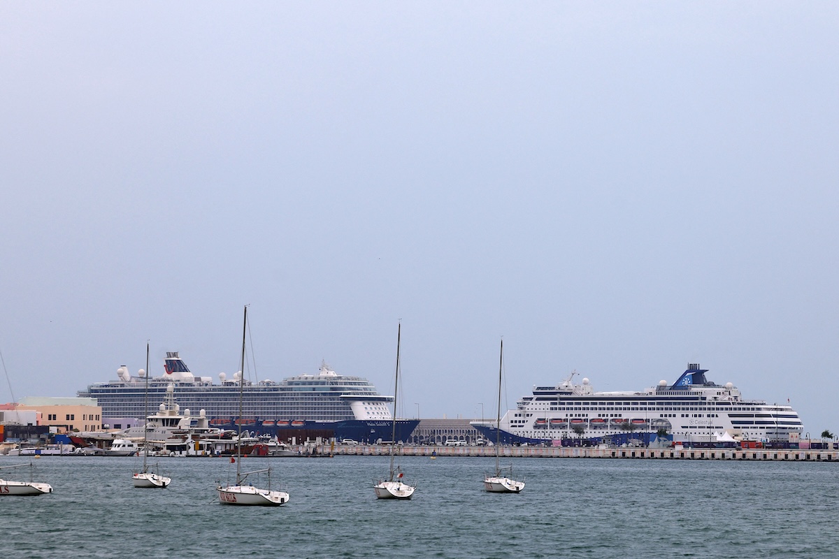 The cruise ships are seen anchored at the old port of Doha on March 4, 2026. (FILE/AFP)