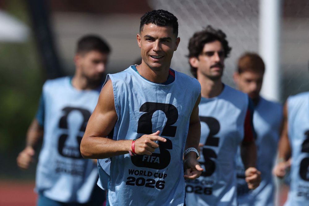 Cristiano Ronaldo of Portugal warms up during the training session ahead of the FIFA World Cup 2026 Round of 16 match between Portugal and Spain at SMU on July 05, 2026, in Dallas, Texas. (AFP)