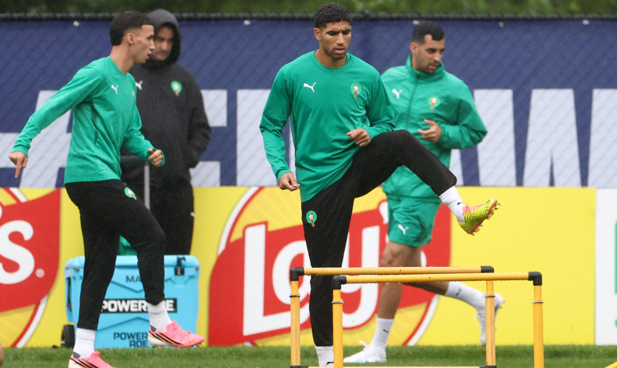 Morocco's midfielder #23 Bilal El Khannouss and Morocco's defender #02 Achraf Hakimi take part in a training session at the New England Revolution Training Centre in Foxborough, near Boston, on July 7 2026, during the 2026 World Cup football tournament. (AFP)