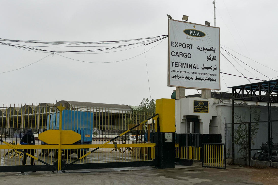 Above, the Cargo Complex entrance at Jinnah International Airport in Karachi on July 8, 2026. (Reuters)