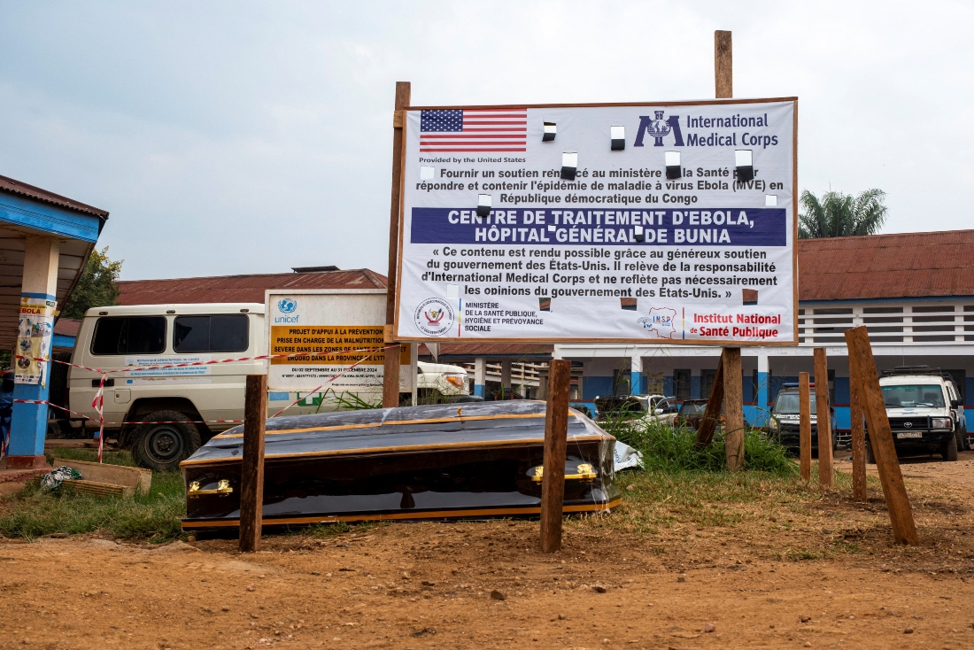 A coffin on the ground outside the Rwampara General Hospital during a go-slow by healthcare workers involved in the Ebola response over unpaid salaries in Rwampara, Ituri province, Democratic Republic of Congo. (Reuters)
