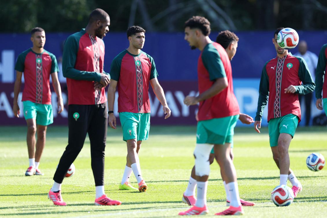 Achraf Hakimi of Morocco looks on during a Morocco Training Session on Jul. 08, 2026 in Foxborough, Massachusetts. (AFP)