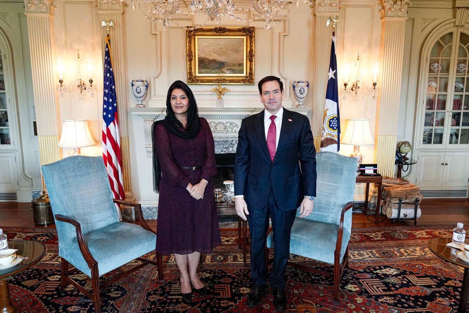US Princess Reema bint Bandar with US Secretary of State Marco Rubio. (X/@rbalsaud)
