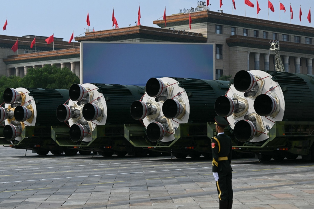 DF-5C intercontinental ballistic missiles are seen during a military parade marking the 80th anniversary of victory over Japan and the end of World War II, in Beijing’s Tiananmen Square, China. (AFP)