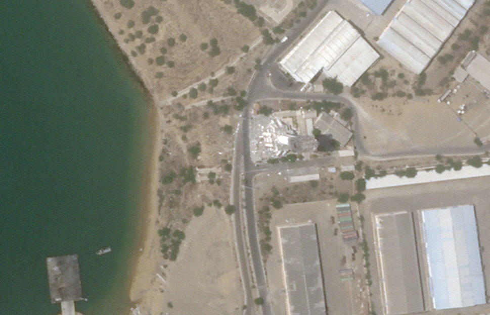 A satellite image shows damage at the control tower in the port of Chabahar, Iran on Thursday after the US military said it launched fresh strikes on Iran to keep the Strait of Hormuz open to shipping. (Via Reuters)