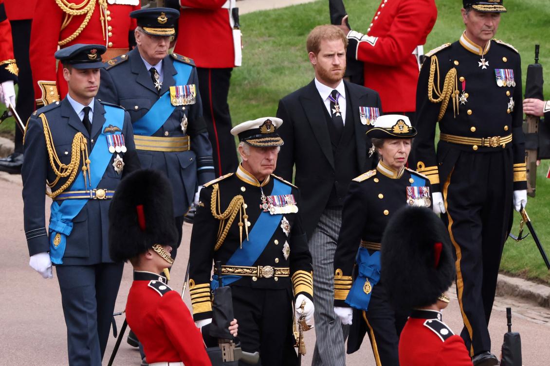 Britain's King Charles III, Princess Anne, Prince William and Prince Harry follow Queen Elizabeth II's coffin at St. George's Chapel at Windsor Castle in September 2022. (AP)