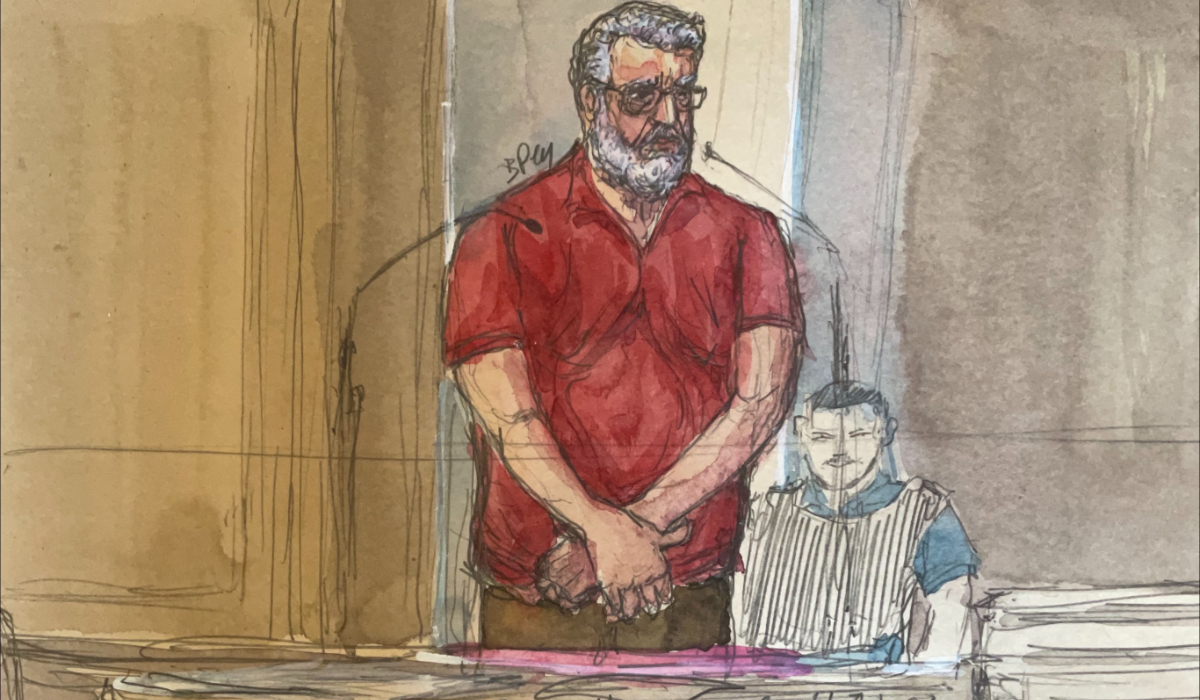 This court sketch made on July 6, 2026 shows Lakhdar Matoug, accused of having strangled his wife in their suburban apartment then having dismembered her and scattered the pieces in Buttes-Chaumont park, appearing before the Paris assize courthouse in Paris on July 6, 2026. (AFP)