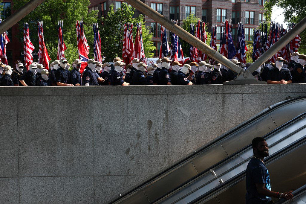 Members of the US white supremacist group Patriot Front gather at Eastern Market metro station on July 04, 2026 in Washington, DC, to take part in the numerous events, activities, and fireworks planned in celebration of America's 250th Anniversary. (AFP)