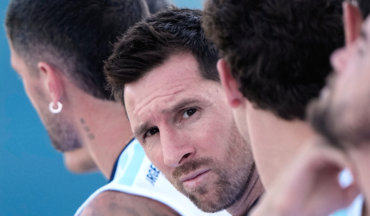 Argentina's Lionel Messi, center, sits with teammates during training for the World Cup soccer tournament Wednesday, July 8, 2026, in Kansas City, Kan. (AP)