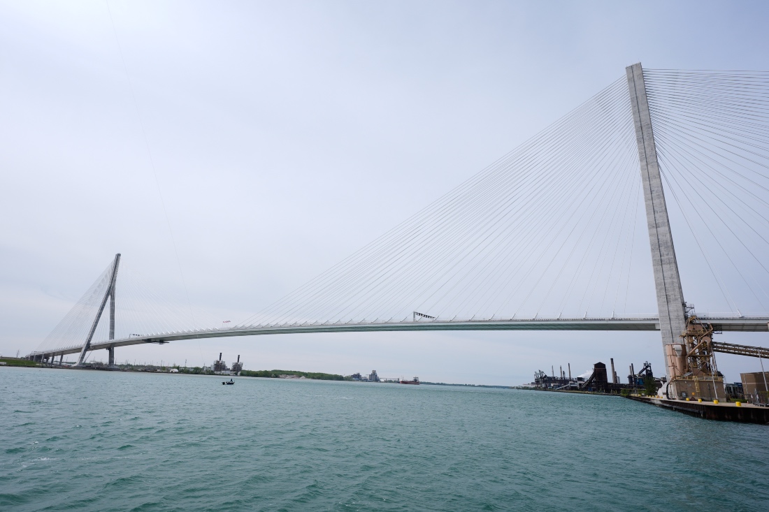 The Gordie Howe Bridge is shown under construction between Windsor, Ontario and Detroit, US. (AP)