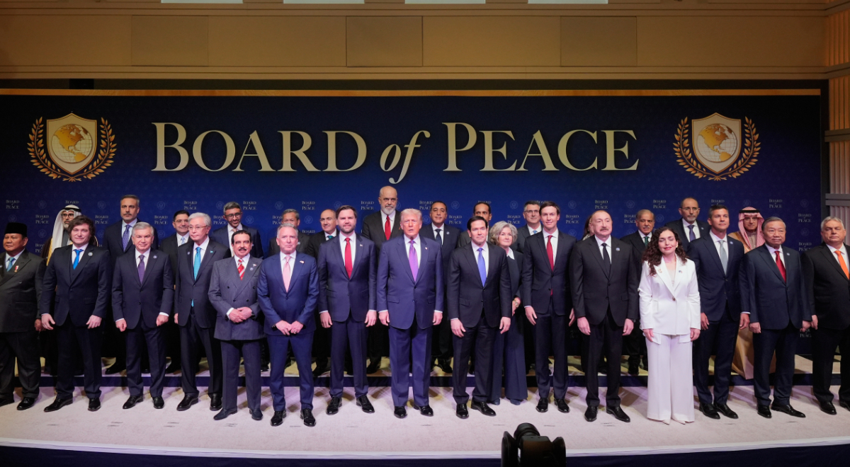 President Donald Trump stands with other World leaders before a Board of Peace meeting at the U.S. Institute of Peace, Feb. 19, 2026, in Washington. (AP)