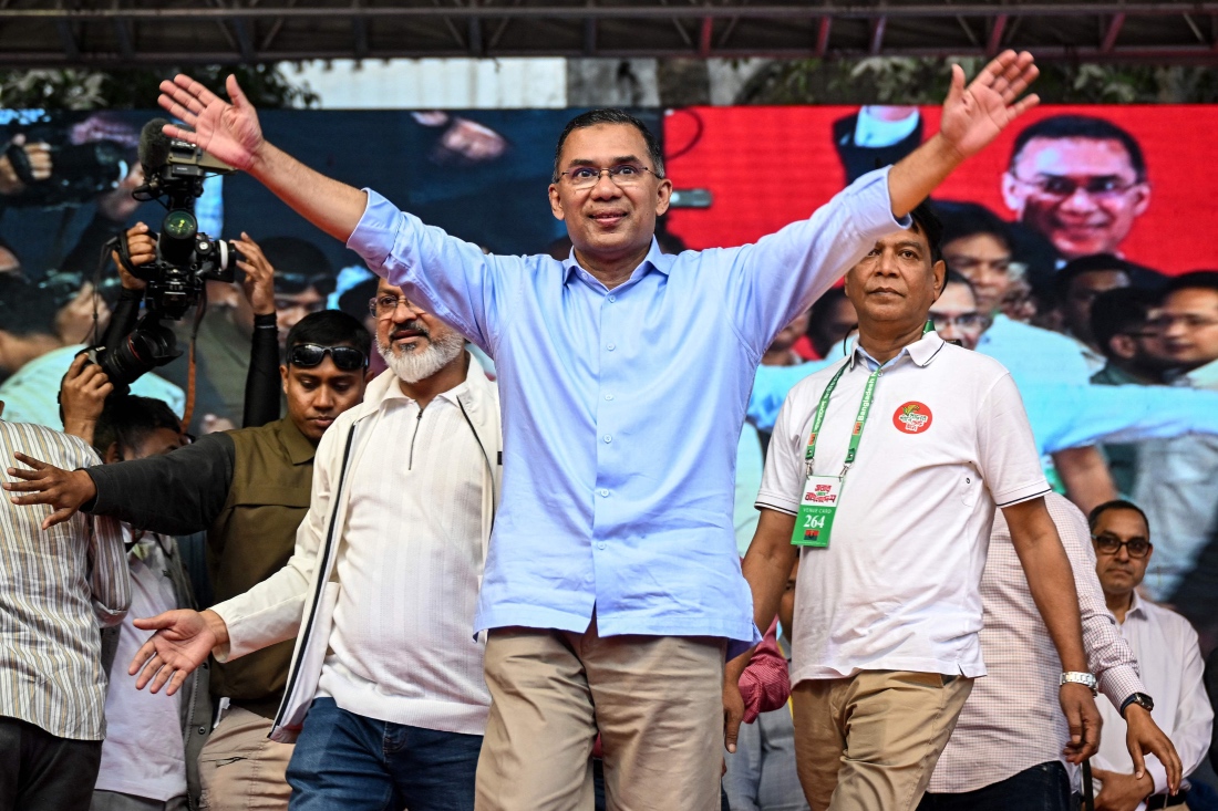 Bangladesh Nationalist Party (BNP) Chairman Tarique Rahman arrives to address an election rally ahead of the country's general election in Dhaka, Bangladesh. (AFP)