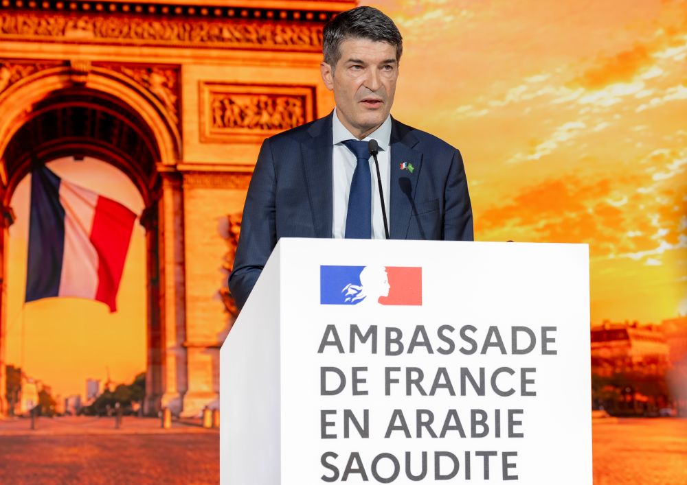 French Ambassador to Saudi Arabia Patrick Maisonnave speaks during the French National Day reception in Riyadh. (Supplied)