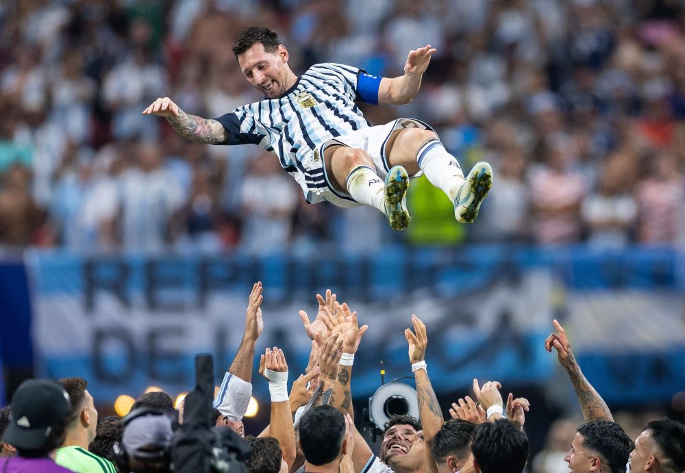 Lionel Messi of Argentina is thrown in the air by teammates after the 3-2 victory over Egypt at Atlanta Stadium, Atlanta, Georgia, July 07, 2026. (AFP)