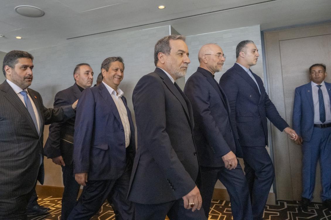 Iran's delegation including Minister of Foreign Affairs of Iran Abbas Araghchi (C) and Speaker of the Islamic Parliament of Iran, Mohammed Bagher Ghalibaf (3rdR). (File/AFP)