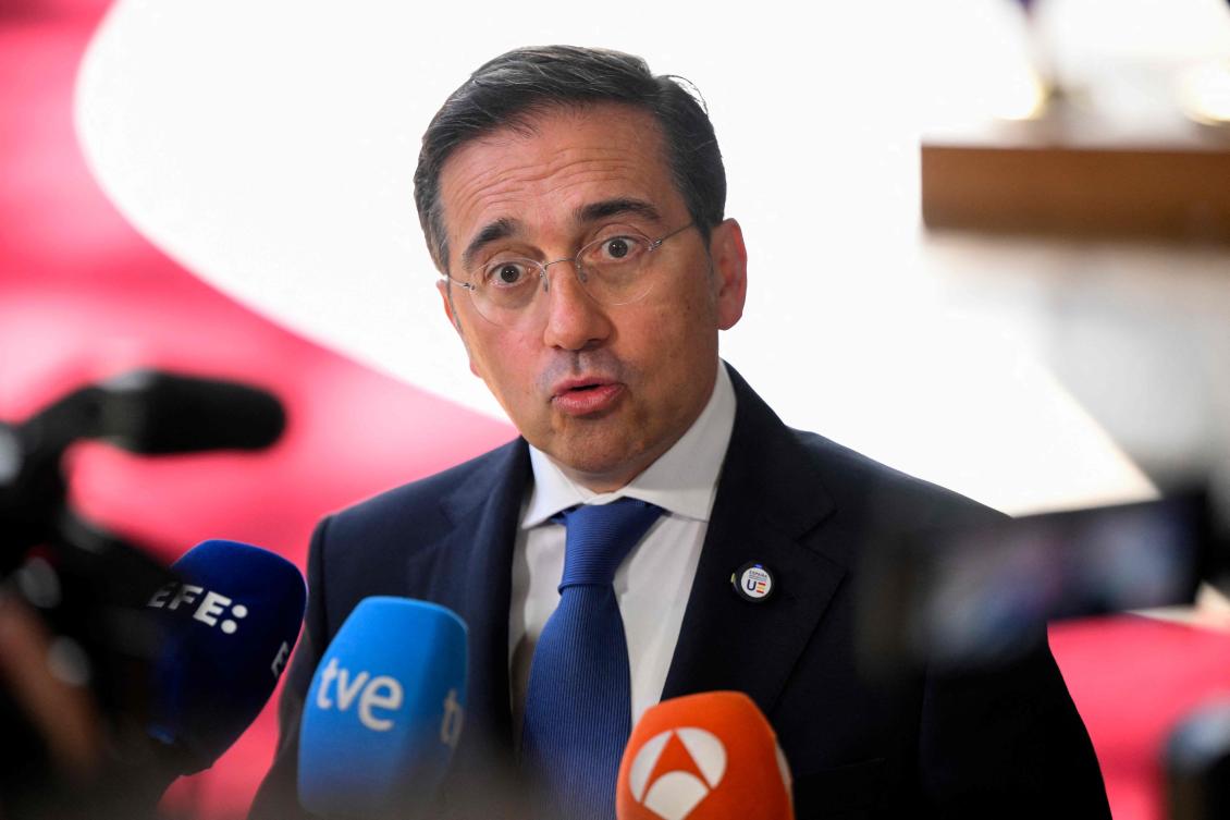 Spanish FM Jose Manuel Albares addresses the media during a Foreign Affairs Council meeting at EU headquarters in Brussels on July 13, 2026. (AFP)