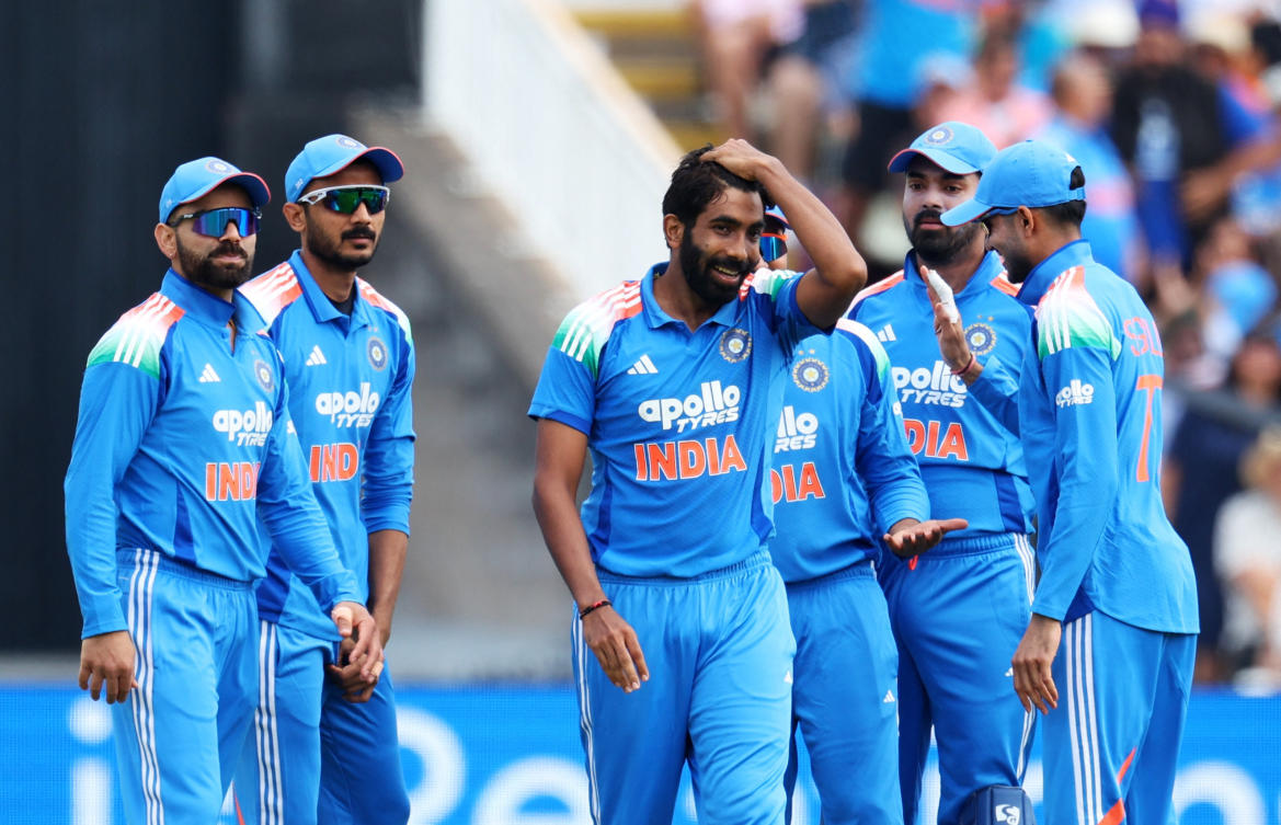 India’s Jasprit Bumrah celebrates with teammates after taking the wicket of England’s Harry Brook, caught out by Rohit Sharma — First One Day International — Edgbaston Cricket Ground, Birmingham, Jul. 14, 2026. (Reuters)