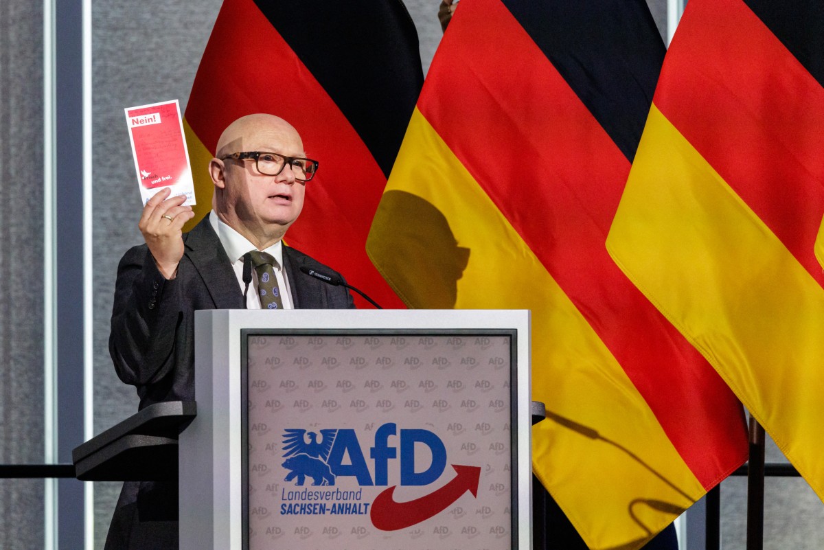 Oliver Kirchner, a leading member of the far-right Alternative for Germany (AfD) political party addresses delegates during the state party convention of far-right Alternative for Germany party (AfD) in Magdeburg, eastern Germany. (AFP)