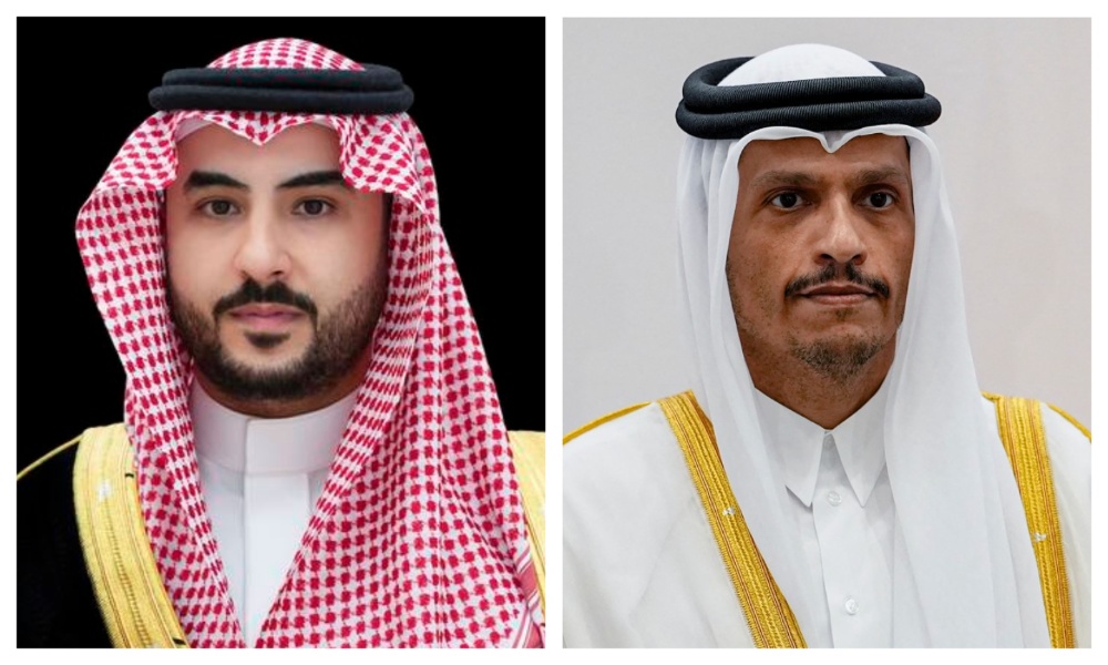 Saudi Minister of Defense Prince Khalid bin Salman and Qatari Prime Minister Sheikh Mohammed bin Abdulrahman bin Jassim Al-Thani. (File/SPA/AFP)
