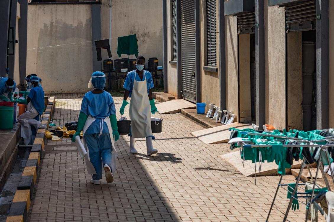 Above, health workers at the Mulago National Referral Hospital isolation unit in Kampala, Uganda, on July 8, 2026. (AFP)