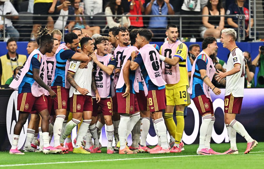 Spanish players celebrate their World Cup semifinal win over France, Dallas Stadium, Arlington, Texas, U.S., July 14, 2026. (Reuters)