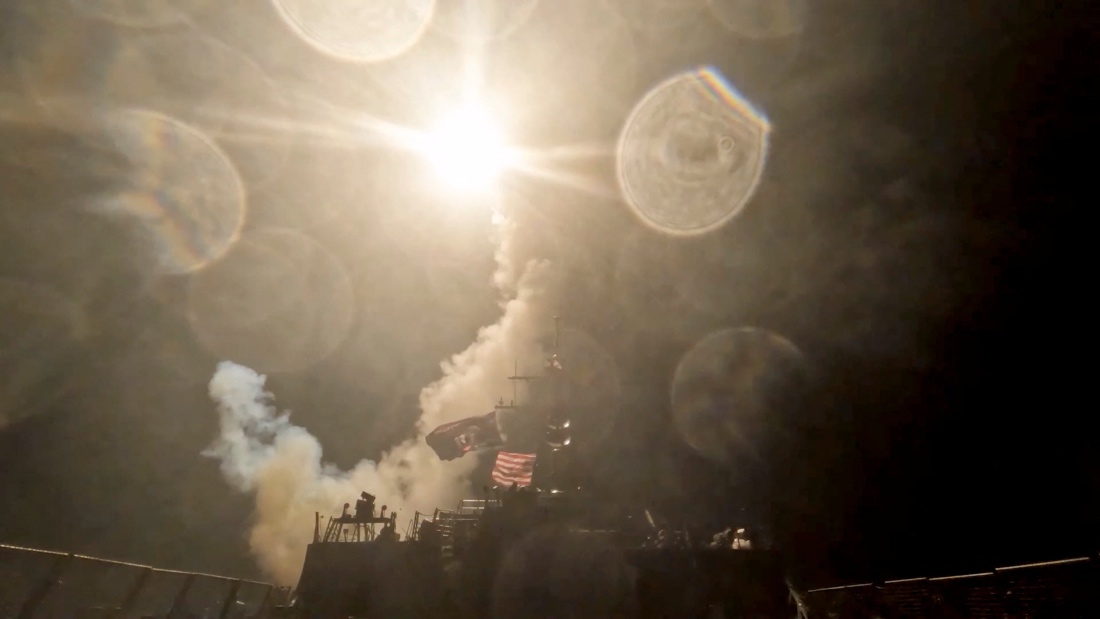 A US warship launches a munition at an unknown location during what the U.S. military says is its latest wave of strikes on Iran.