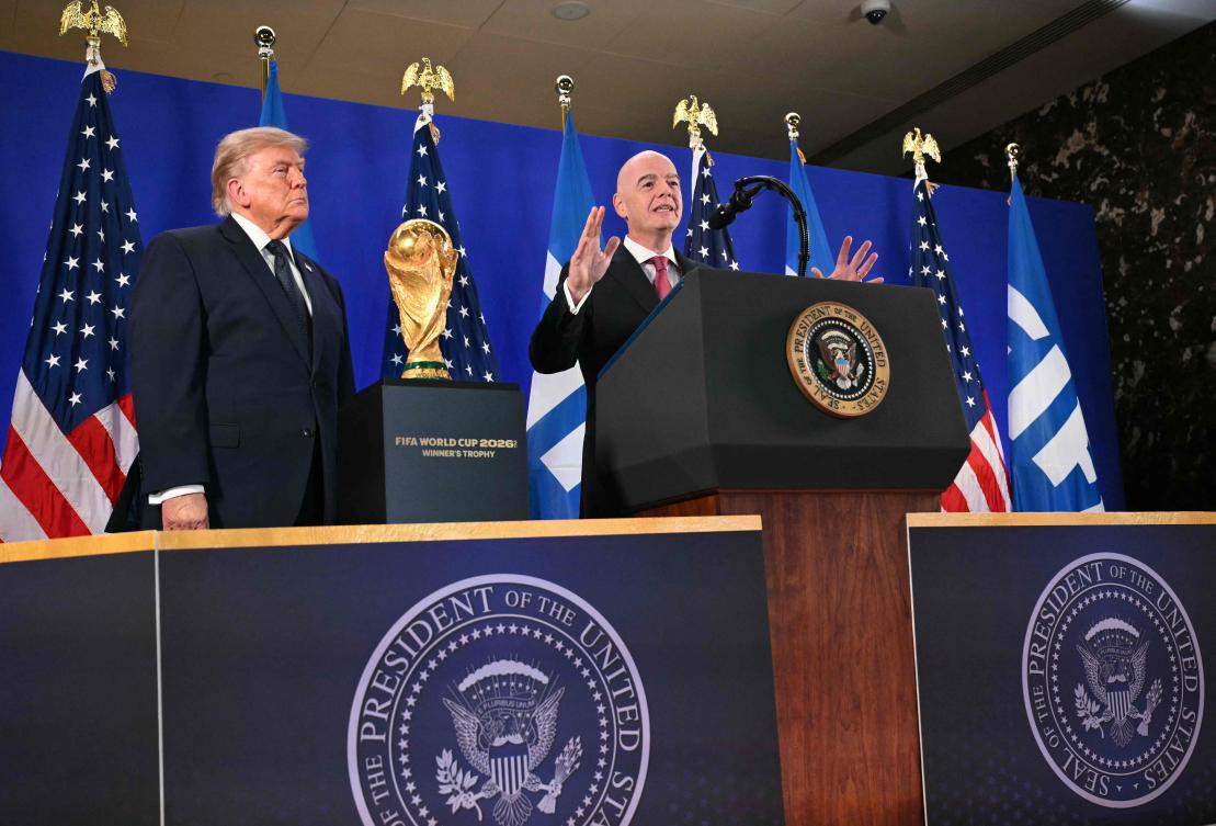 US President Donald Trump listens to FIFA President Gianni Infantino speak during a FIFA reception at Trump Tower in New York on Jul. 17, 2026. (AFP)