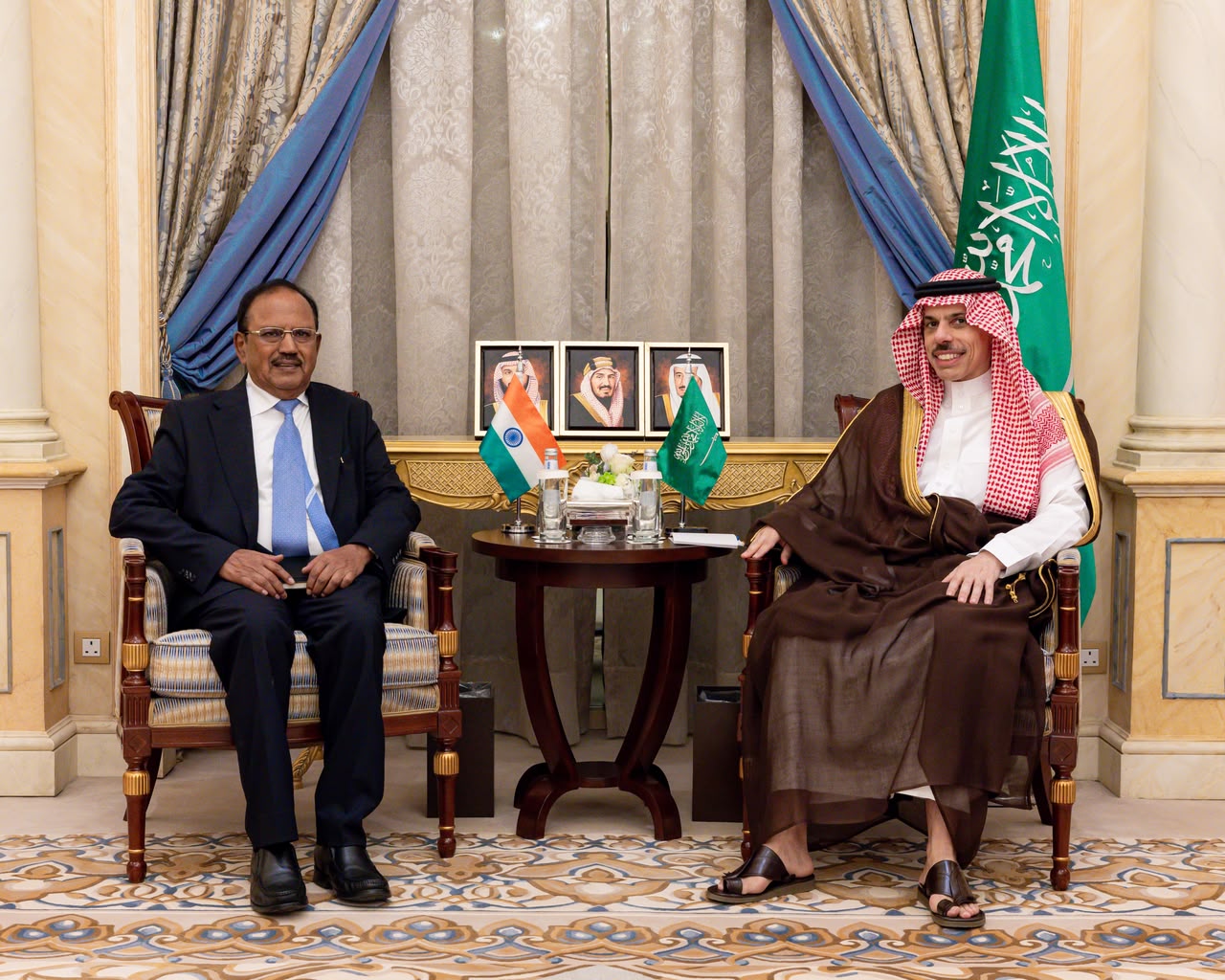 Saudi Foreign Minister Prince Faisal bin Farhan and Indian National Security Adviser Ajit Doval. (SPA)